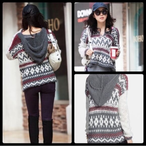 NWT Free People Chunky Knit Fair Isle Hooded Sweater - Picture 7 of 12